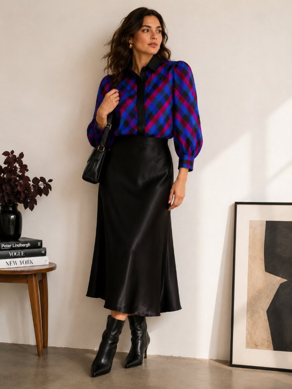 Vintage 100% Thai Silk Plaid Blouse | Jewel Tone Puff Sleeve Button Front | 12 - Picture 3 of 10